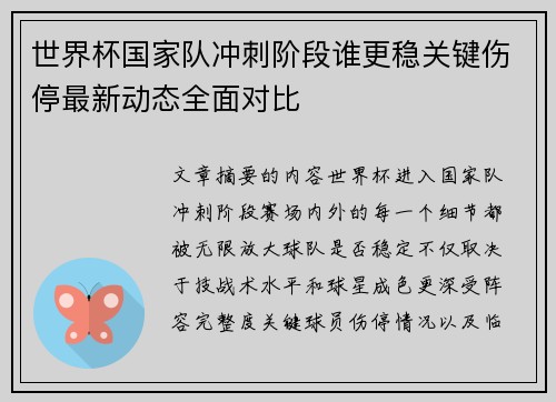 世界杯国家队冲刺阶段谁更稳关键伤停最新动态全面对比