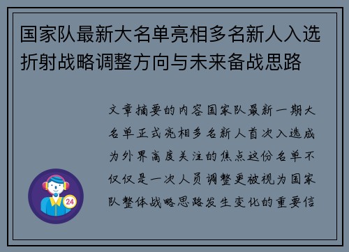 国家队最新大名单亮相多名新人入选折射战略调整方向与未来备战思路 国家队最新大名单亮相多名新人入选折射战略调整方向与未来备战思路